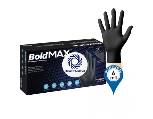 Aurelia Gloves Bold MAX - Black Heavy Duty -Nitrile Gloves - Powder Free  10 x 50 Gloves